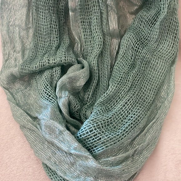 Soft deep mint green infinity scarf with silver metallic highlights, 72”X 28” - Picture 10 of 11